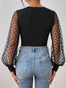 Chiquease 新款女式长袖 V 领波点网眼泡泡袖衬衫，时尚优雅，适合派对、约会、纤腰、百搭，春夏秋冬