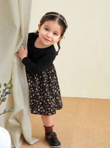SHEIN LMoss Kids LMoss Baby Girl City Elegant Minimalist Ribbed Patchwork Ditsy Floral Dress, Fall/Winter - Black - View 7