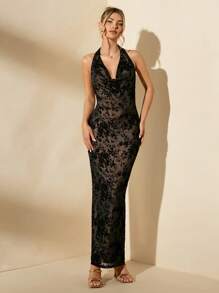 SHEIN BAE Women's Summer Sexy Flower Flocking Mesh Backless Halter Neck Long Dress - Black - View 1