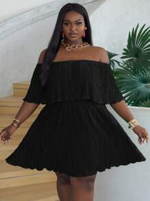 Slaydiva Vestido verde holgado de tela plisada con cuello de volantes y hombros descubiertos en talla grande - Negro - Ver 5