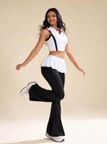 CourtClass CourtClass Pantalones deportivos de moda casual con diseño de patchwork y acampanados para mujer - Blanco y Negro - Ver 2