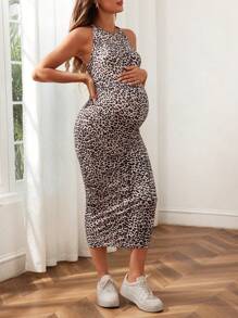 Maternity Elegant Party Fitted Midi Dress, Leopard Print Long Dress, Hawaii Dress For Baby Shower - Apricot - View 5