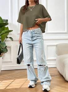 SHEIN EZwear Army Green Loose Knit T-Shirt For Women