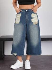 SHEIN EZwear Plus Size Women Loose Fit Distressed Wide Leg Casual Denim Jeans - Medium Wash - View 4
