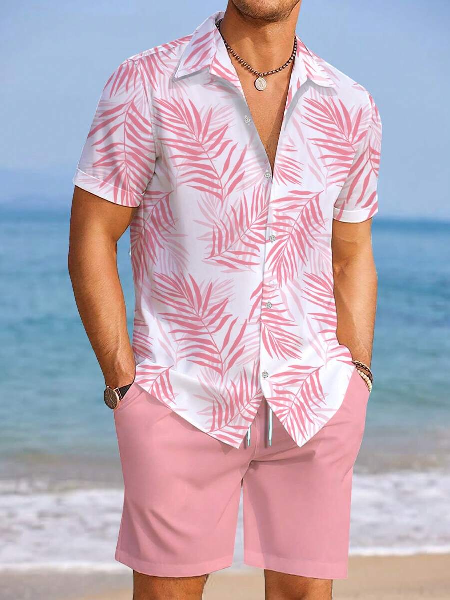 Manfinity RSRT Conjunto de ropa casual de verano para hombres con camisa de manga corta con botones con estampado de plantas hawaianas en la parte delantera y pantalones cortos de un solo color con bolsillo - Rosa vieja - Ver 1