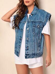 SHEIN Frenchy Front Button Casual Denim Jacket With Pockets - Medium Wash - View 4