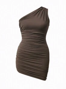 SHEIN Clasi Rochie cu volanat cu decolteu asimetric, cu dimensiuni plus mari - Maro - Vizualizare 1
