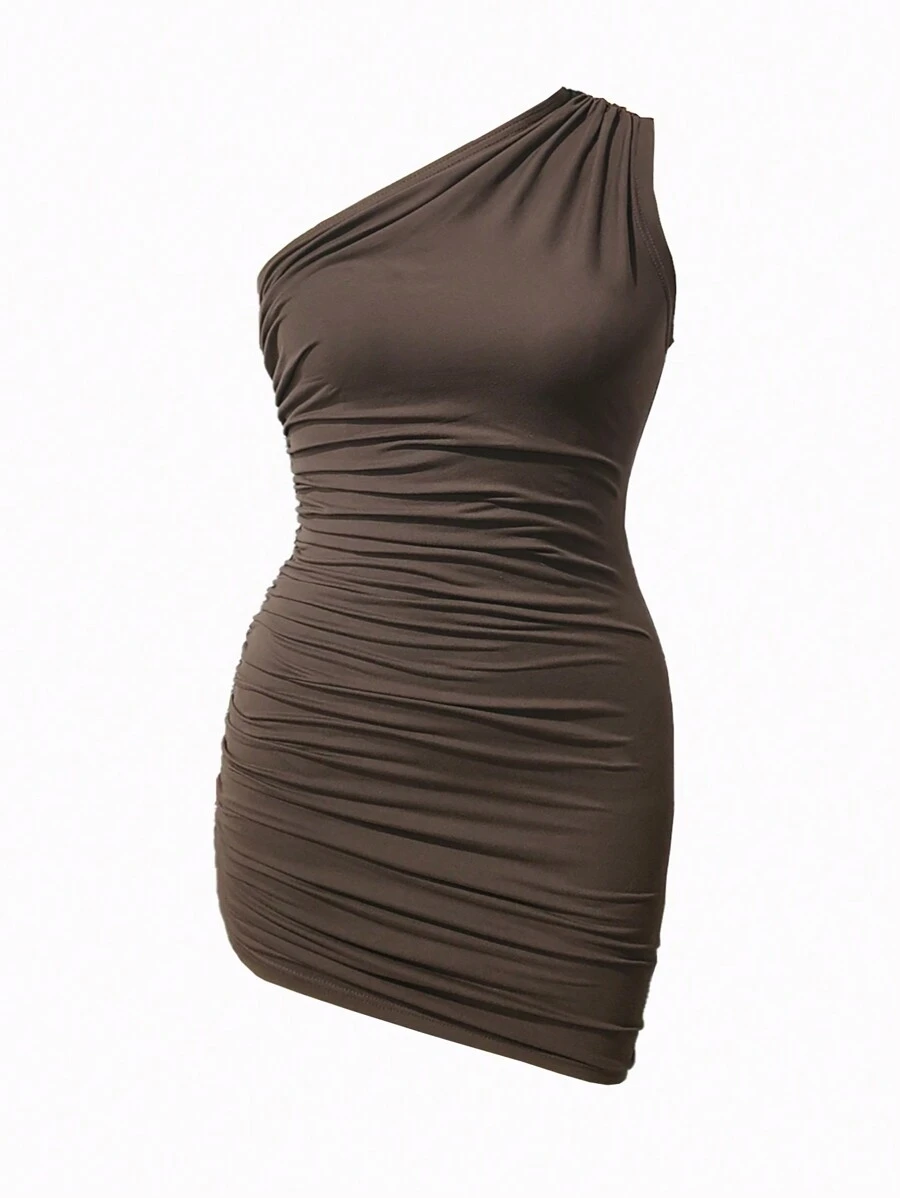 SHEIN Clasi Plus Size Bodycon Asymmetrical Neck Ruched Dress - Brown - View 1