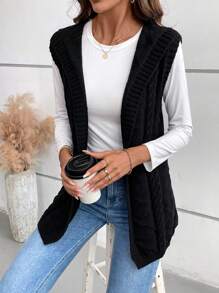 SHEIN LUNE 女士优雅蝴蝶连帽无袖针织开衫 - 黑色 - 查看 6