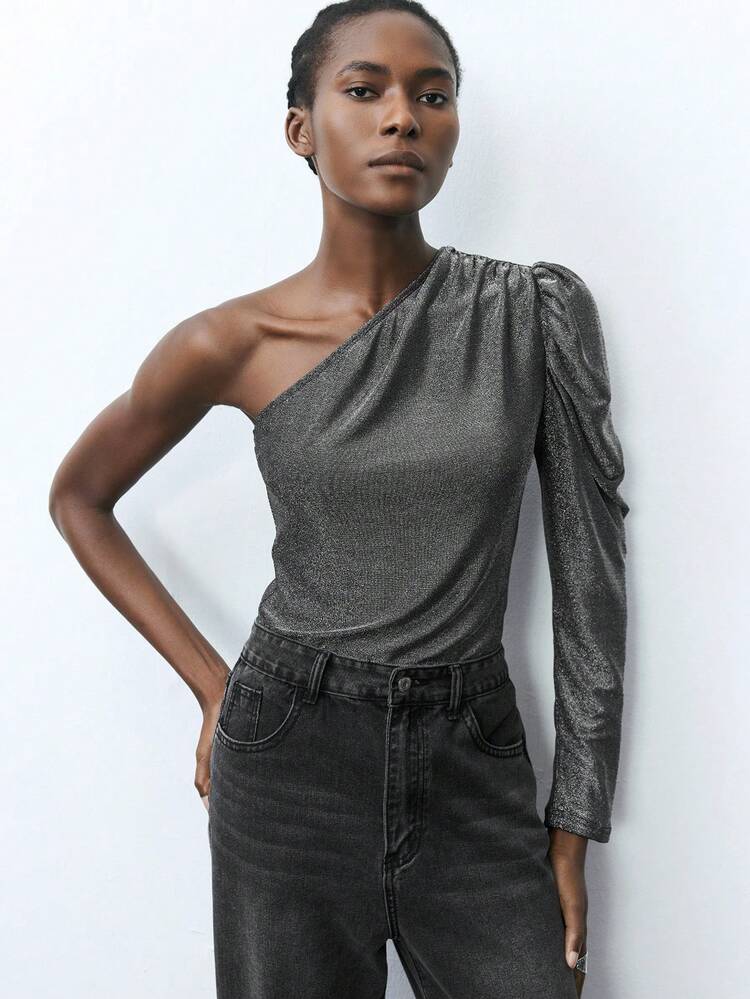 SHEIN Maija Modne damskie body z metalicznym patchworkiem i asymetrycznym dekoltem na lato