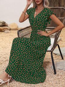 SHEIN LUNE Women's V-Neck Allover Print Cap Sleeve Dress For Holiday - Green - View 6
