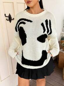 Flirla Plus Size Relaxed Fit Colorblock Smiling Face Knit Sweater
