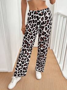 Chiquease Casual Leopard Print Pleated Straight Leg Pants