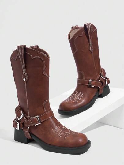 CUCCOO GRLICON 女式中筒靴，Y2K 风格，朋克摇滚，机车风，酷女孩装，适合万圣节、圣诞节和派对