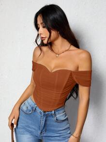 SHEIN PETITE 女士露肩修身精致魅力露背拉链衬衫 - 棕色 - 查看 7