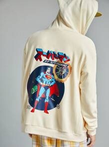 ROMWE MEN SUPERMAN X ROMWE Men's Anime Character & Japanese Text Printed Loose Fit Drawstring Zip-Up Hoodie, Spring Autumn