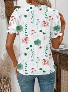 SHEIN LUNE Blusa Floral com Decote em V e Renda, Manga Curta com Contraste, para Mulheres - Verde - Visão 2