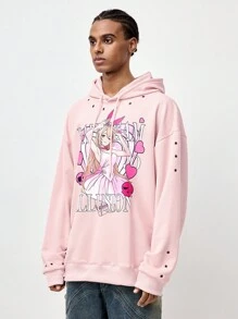 ROMWE MEN ROMWE Avant Men's Subculture Anime Printed Grommet Eyelet Decor Loose Hoodie, School - Pink - View 5