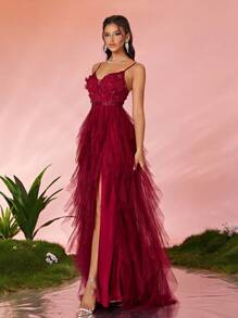 Spaghetti Strap Sexy 3D Embroidered Contrast Mesh Ruffled High Slit Dress, Elegant Formal Evening Prom Dress, For Wedding Guest, Graduation, Dinner Party Dress,Gown - Red - View 3