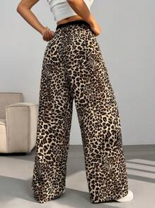 SHEIN EZwear 女式休闲豹纹宽腿拼色高腰西装裤 - 彩色 - 查看 2