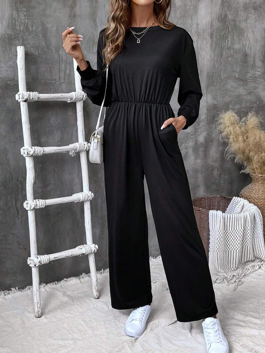 SHEIN LUNE Mono informal de manga larga de color liso para primavera y otoño - Negro - Ver 1