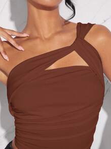 Hauture 单肩褶饰短款上衣 - 咖啡棕 - 查看 6