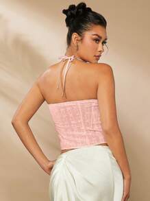 L'Amorae Lace-Up Embroidered Bustier Top With Halter Neck - Pink - View 2