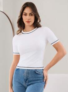Mulvari 2pcs Contrast Stitch Rib-Knit Slim Fit Tee For Summer
