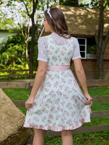 女士花朵印花蕾丝拼接系带短袖连衣裙 - 粉色 - 查看 2