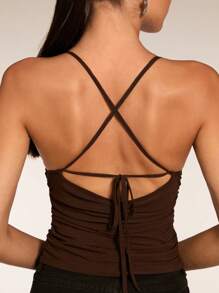 SHEIN BAE 夏季女士度假维多利亚撞色蕾丝白色束身胸衣，外出上衣，锐舞音乐节，婚礼宾客夏季装扮，夏季背心 - 咖啡棕 - 查看 3