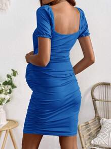 SHEIN 孕妇 V 领短袖纯色镂空荷叶边时尚休闲连衣裙 - 寶藍色 - 查看 2