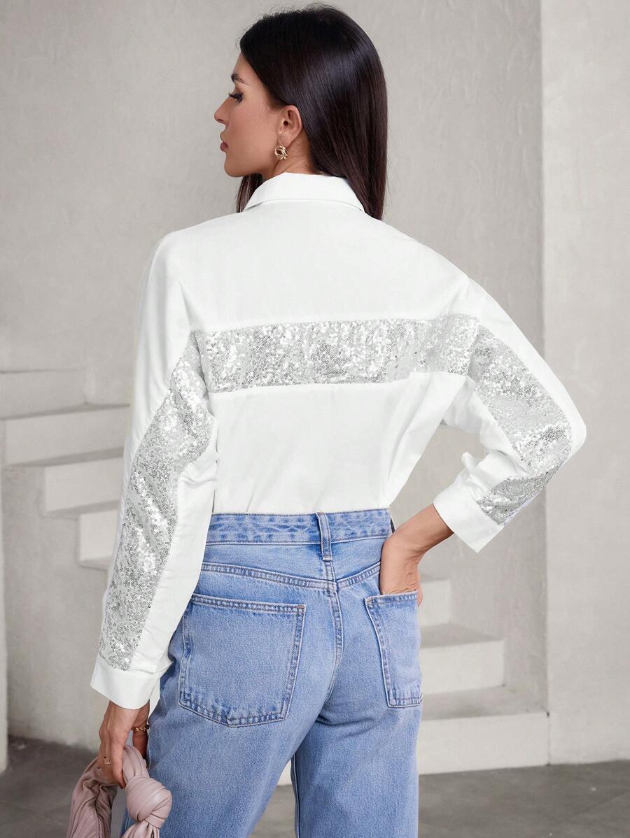 SHEIN Privé Loose Fit Shiny Sequin Embellished Women Long Sleeve Shirt Fall Cloth For Women - White - View 1