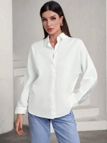 SHEIN Privé Loose Fit Shiny Sequin Embellished Women Long Sleeve Shirt Fall Cloth For Women - White - View 4