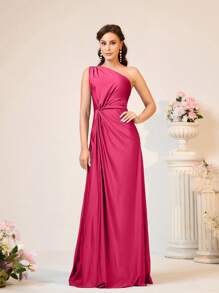 SHEIN Belle 女士浪漫优雅绿色弹力针织面料单肩扭纹宽松 A 字型伴娘礼服 - 玫紅色 - 查看 5