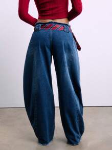 TypaGal Vintage Cotton Medium Wash Raw Hem Wide Leg Baggy Jeans - Blue - View 2