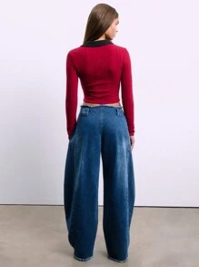 TypaGal Vintage Cotton Medium Wash Raw Hem Wide Leg Baggy Jeans - Blue - View 6