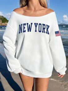 SHEIN EZwear Áo nỉ dài tay hở vai họa tiết NEWYIRX phong cách tối giản, rộng rãi dành cho nữ, Thu/Đông - trắng - Xem 1
