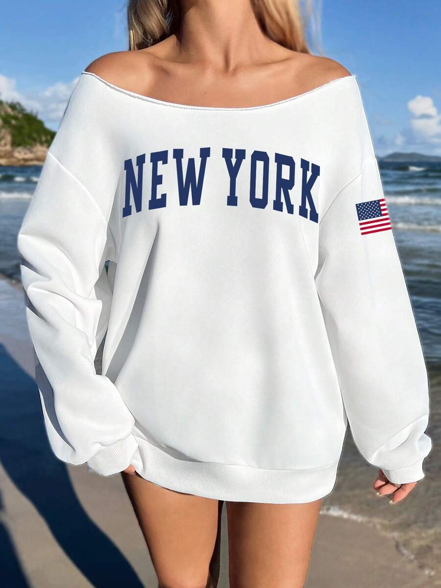 SHEIN EZwear Áo nỉ dài tay hở vai họa tiết NEWYIRX phong cách tối giản, rộng rãi dành cho nữ, Thu/Đông - trắng - Xem 1