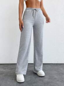 EURMUSE Solid Color Straight Leg Sweatpants - Light Grey - View 5