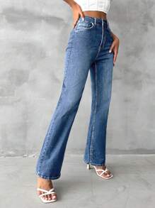 EURMUSE Solid Flare Leg Jeans - Dark Wash - View 5