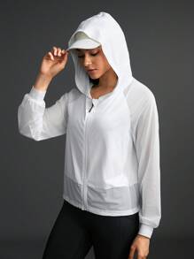 SHEIN 女士纯色插肩长袖拉链门襟休闲运动连帽夹克 - 白色 - 查看 5