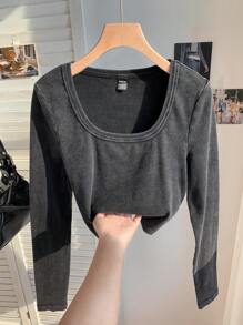 Comfortcana Camiseta corta de manga larga con cuello cuadrado y ajuste ceñido, con lavado ácido, para mujer - Negro - Ver 7