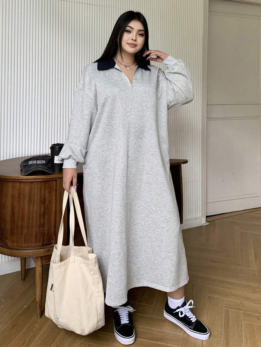 Dazy Petite Plus Plus Size Grey Polo Collar Solid Color Long Dress Shirt Dress,Fall Clothes Long Sleeve Dress - Grey - View 1