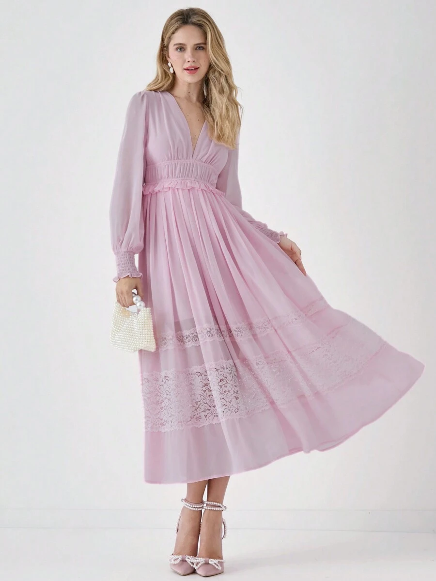 Enchnt Abito lungo elegante da donna in colore unito con scollo a V, maniche lunghe e pizzi su parti del vestito, adatto per primavera ed estate - Rosa corallo - Visualizzare 1