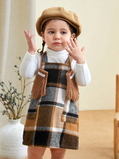SHEIN LMoss Kids Bộ quần áo 2 món LMoss Baby Girl Autumn Winter Plaid Pinafore Dress & Crochet Elastic Turtleneck Top, cho Giáng sinh