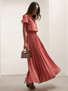 COSMINA Damen elegantes langärmliges Plissee-Kleid Einfarbig, Sommer