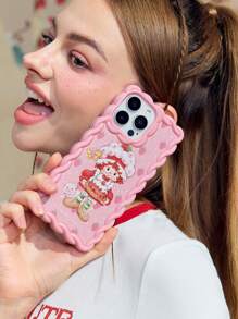 Strawberry Shortcake X SHEIN Cute Cartoon Character & Strawberry Print Ruffled Edge Pink Phone Case,Compatible With IPhone,Gift Ideas, Summer / Spring - Pink - View 2