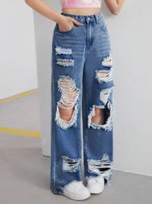 SHEIN Teen Girls Y2K Light-Colored High Waist Straight Wide-Leg Baggy Ripped Denim Jeans Pants With Slanted Pocket,Girls Summer Clothes Outfits