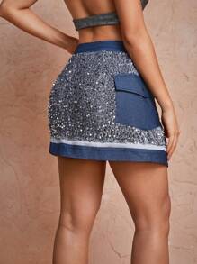 Let Your Light Shine Designer Glittery Sparkle Sequin Elegant Asymmetric Hem Skirt, For Holiday, Party, Festival