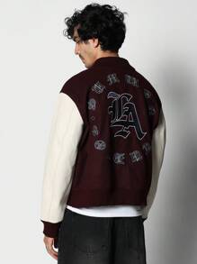 SUMWON Premium Two Tone Varsity Letterman Jacket With Embroidered Logo Patches College Style Baseball Student Athlete Autumn Winter Outerwear - Burgundy - View 1